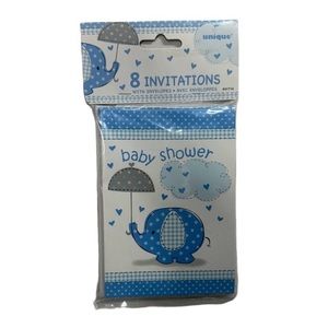 8 baby shower invitations. Blue and white with elephant on front. New in package